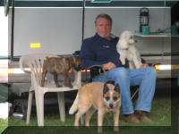 Jim, Thelma Heeler. Popcorn Poodle and me under the awning.